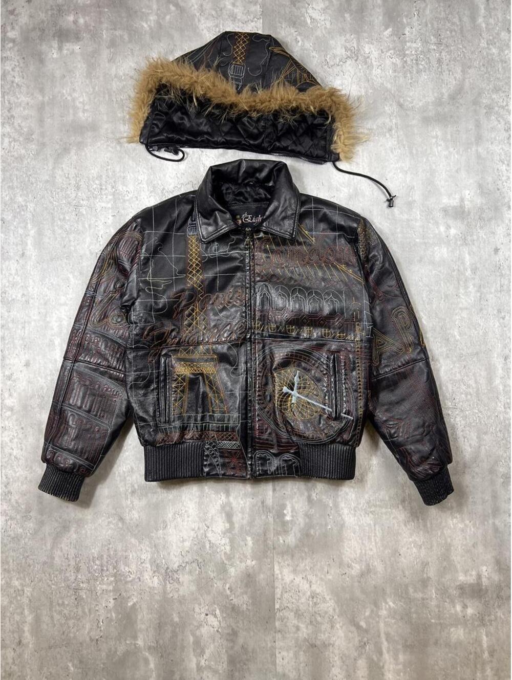 Vintage Y2K Embroidered Faux Leather Jacket Fur Hood Black